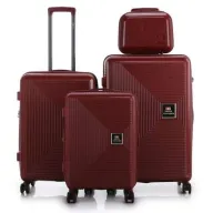 סט מזוודות קשיחות בלתי שבירות 20+26+30 אינץ' + תיק איפור מתנה דגם Neo Boston מבית Swiss Voyager - צבע אדום יין